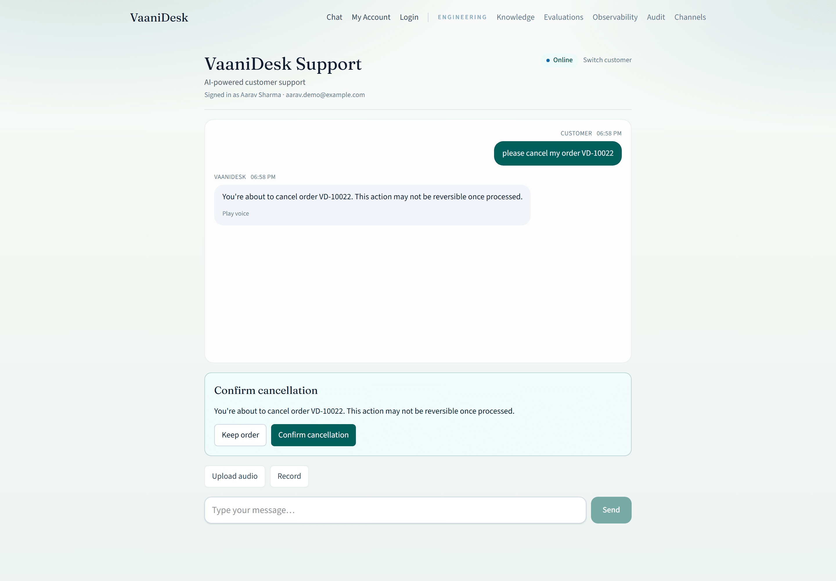 VaaniDesk cancellation confirmation dialog