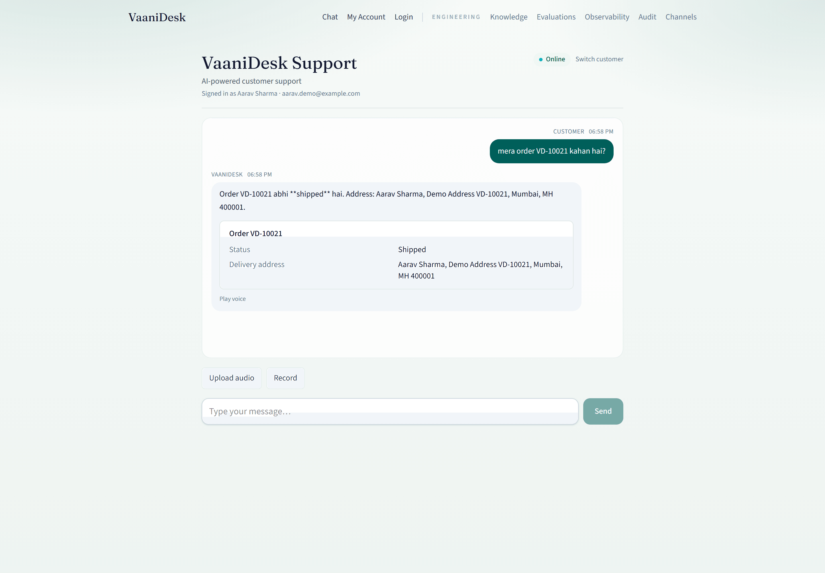 VaaniDesk Hinglish order status conversation