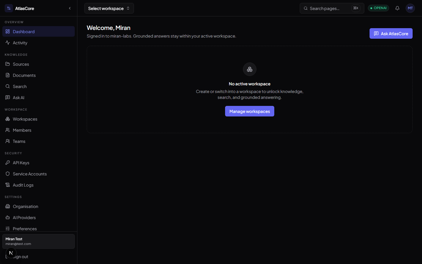 AtlasCore workspace dashboard with sidebar navigation