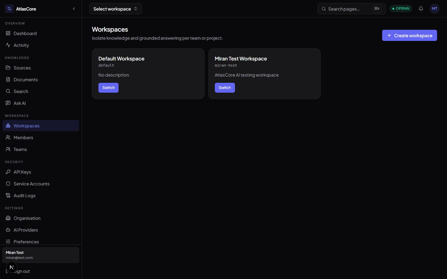 AtlasCore workspace management interface for creating and switching workspaces